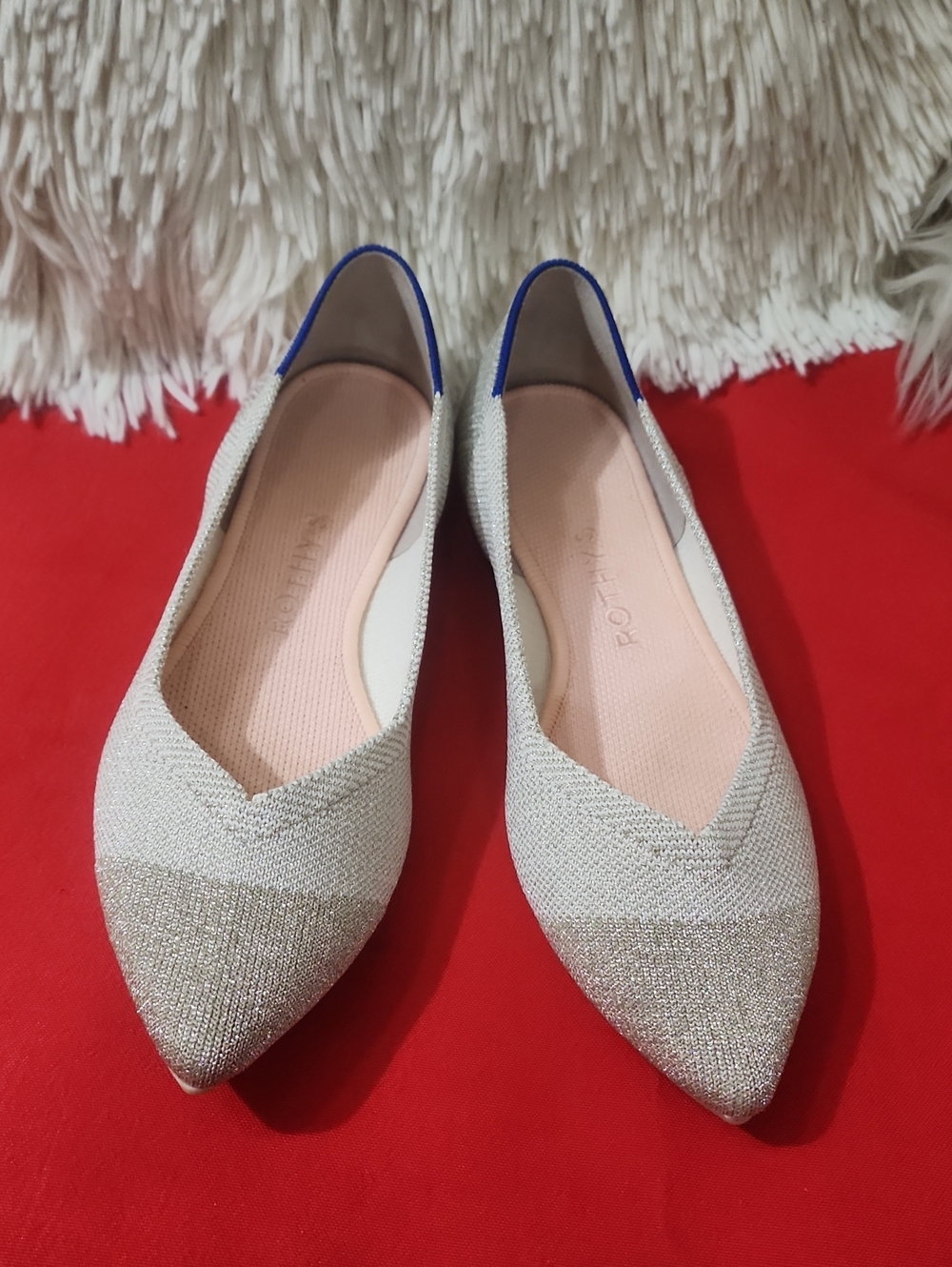 Rothy's Pointed Flats in Ivory with Gold Toe and Blue Trim